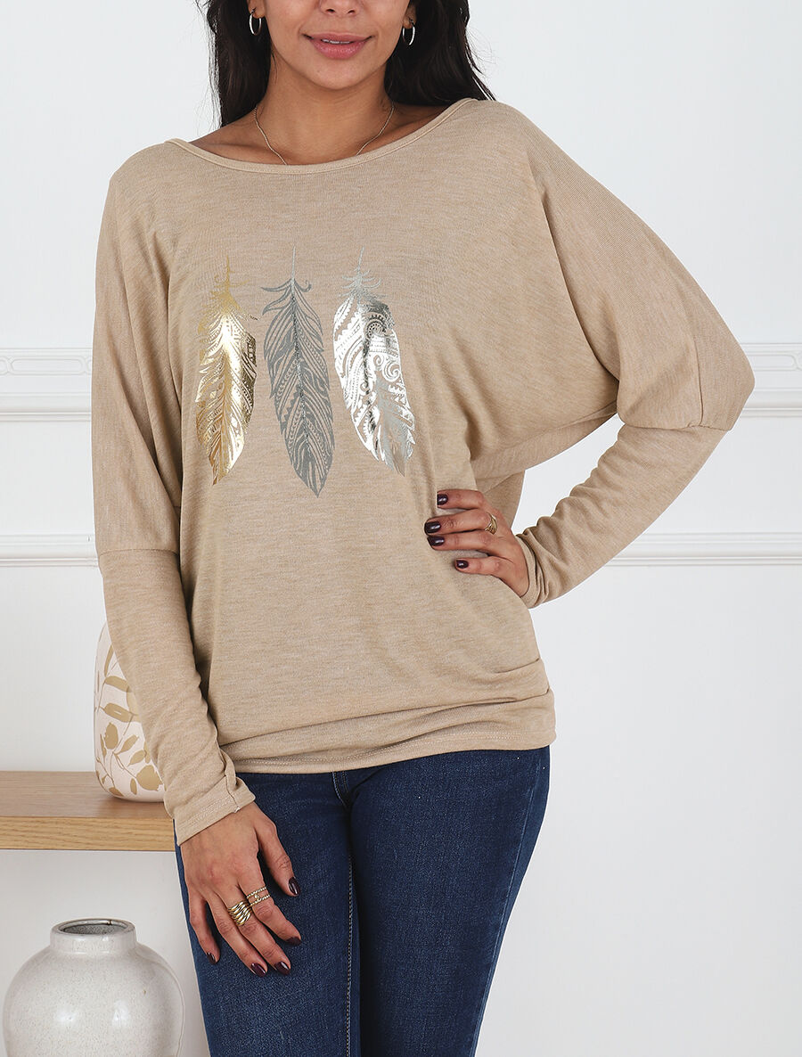 Pull fin à imprimé plumes irisées - Beige - 4