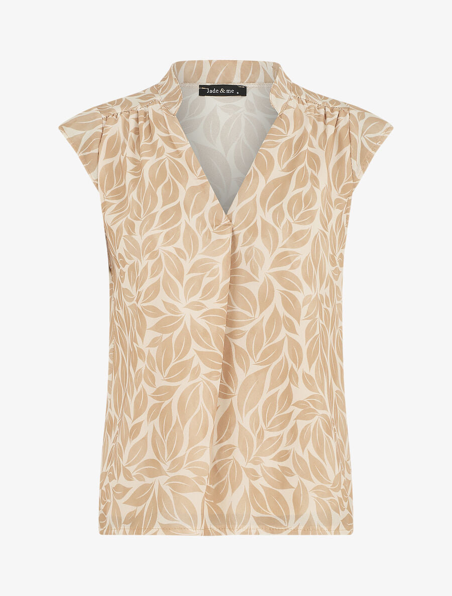Top à mancherons col V imprimé feuilles - Beige - 5