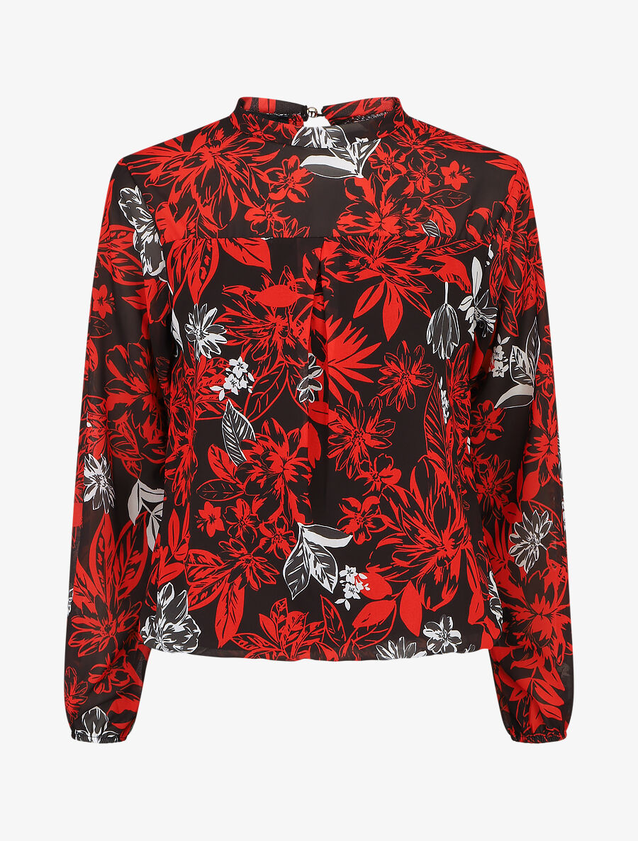 Blouse manches longues à col rond et imprimé floral - Noir/rouge - 5