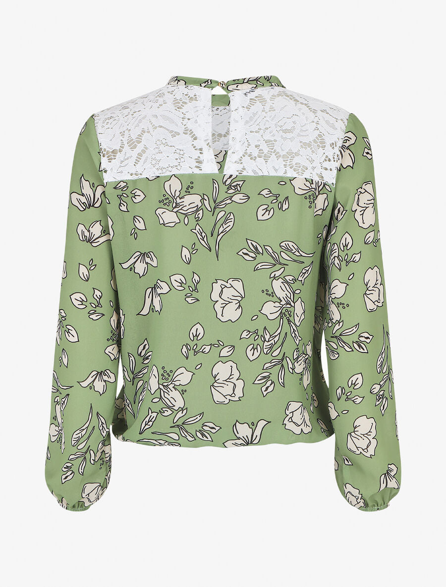 Blouse manches longues à dentelle et imprimé floral - Vert amande - 2
