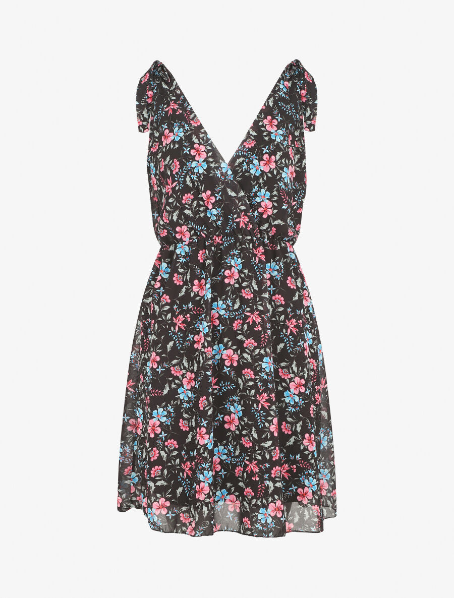 Robe courte fleurie sans manches col cache-coeur - Noir - 4