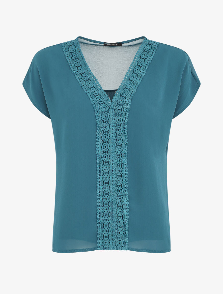 Top uni en voile et broderies - Bleu canard - 5
