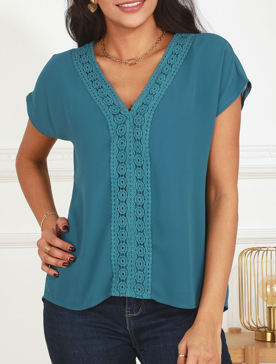 Top uni en voile et broderies - Bleu canard - 4