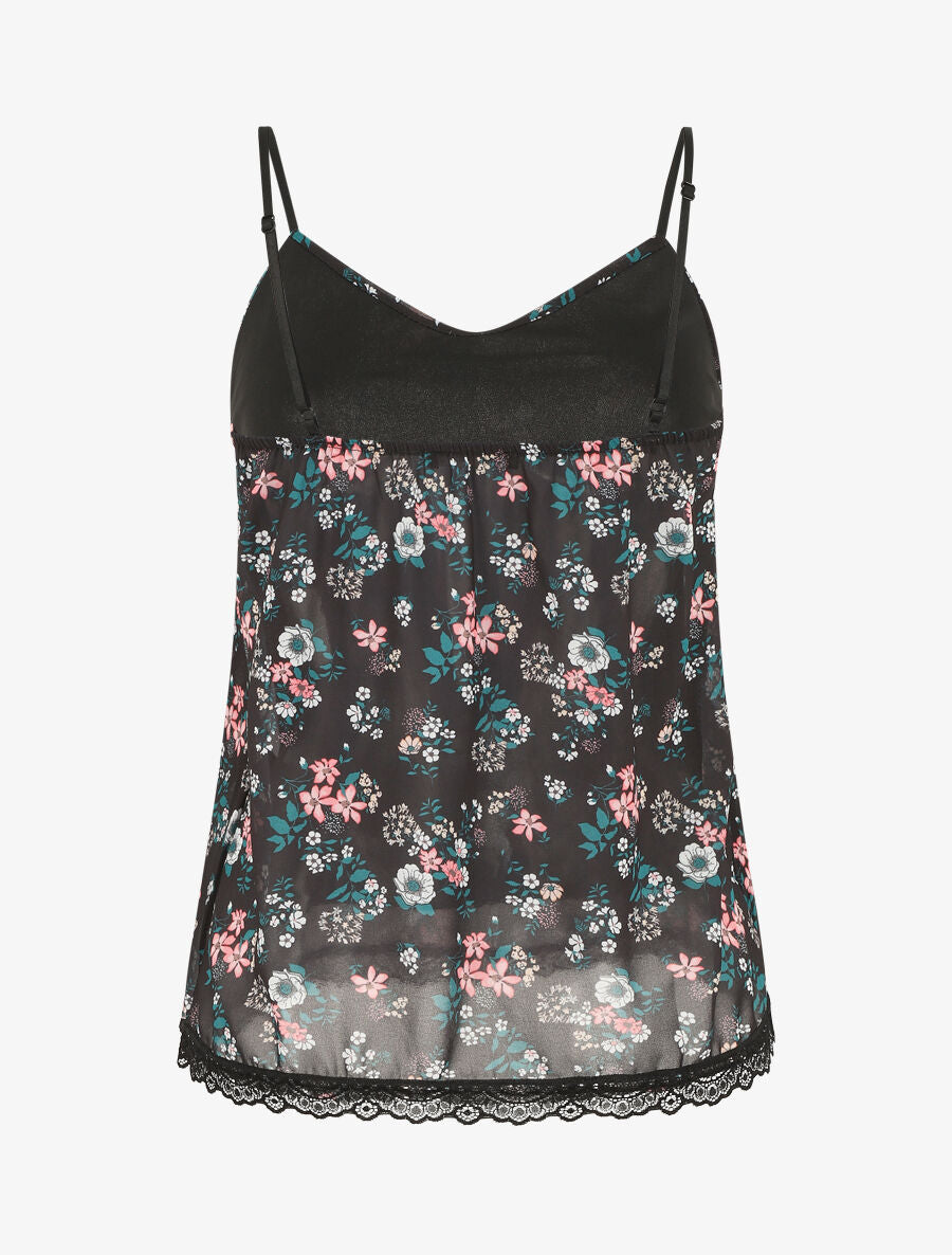 Caraco imprimé petites fleurs à bord en dentelle - Noir - 2