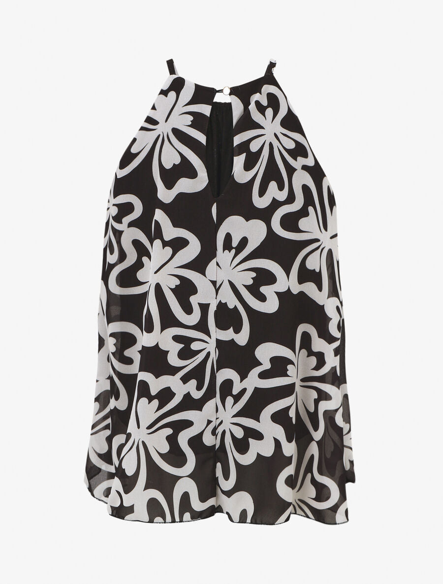 Top sans manches col américain imprimé grandes fleurs - Noir - 2