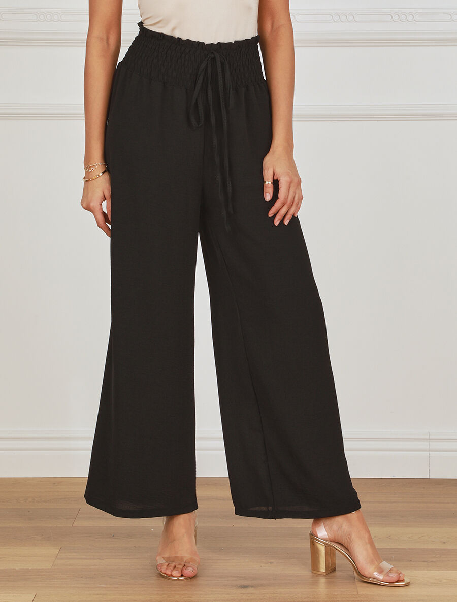 Pantalon uni ample taille haute élastiquée - Noir - 4