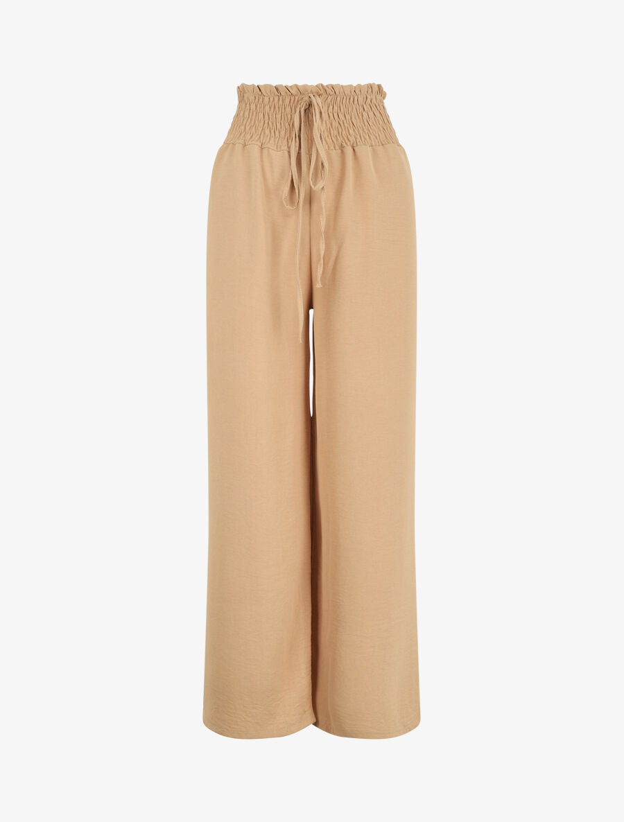 Pantalon uni ample taille haute élastiquée - Beige - 5