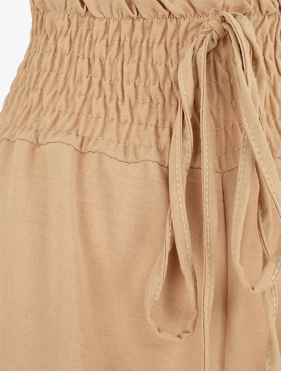 Pantalon uni ample taille haute élastiquée - Beige - 3