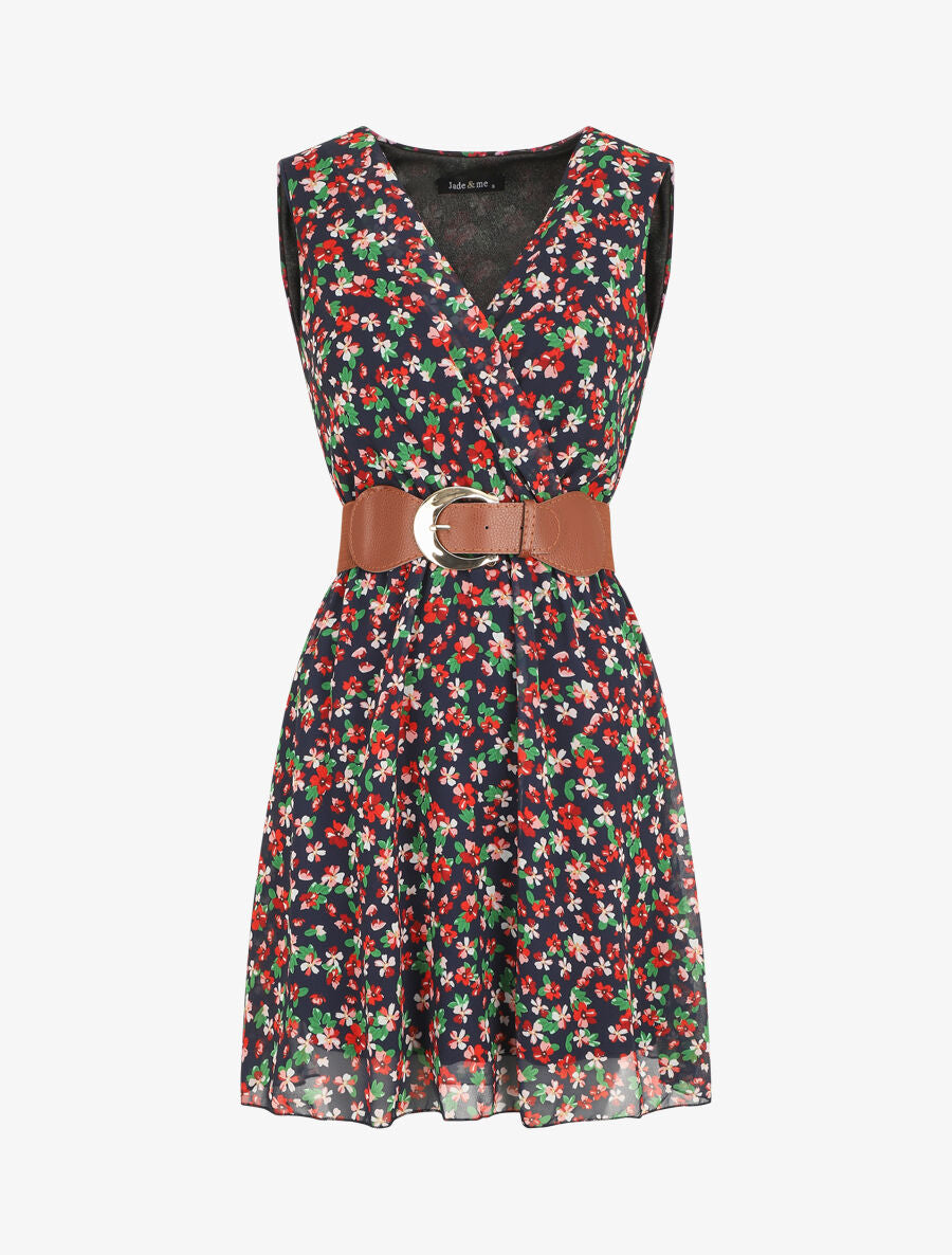 Robe imprimé fleuri à taille élastiquée - Marine - 4