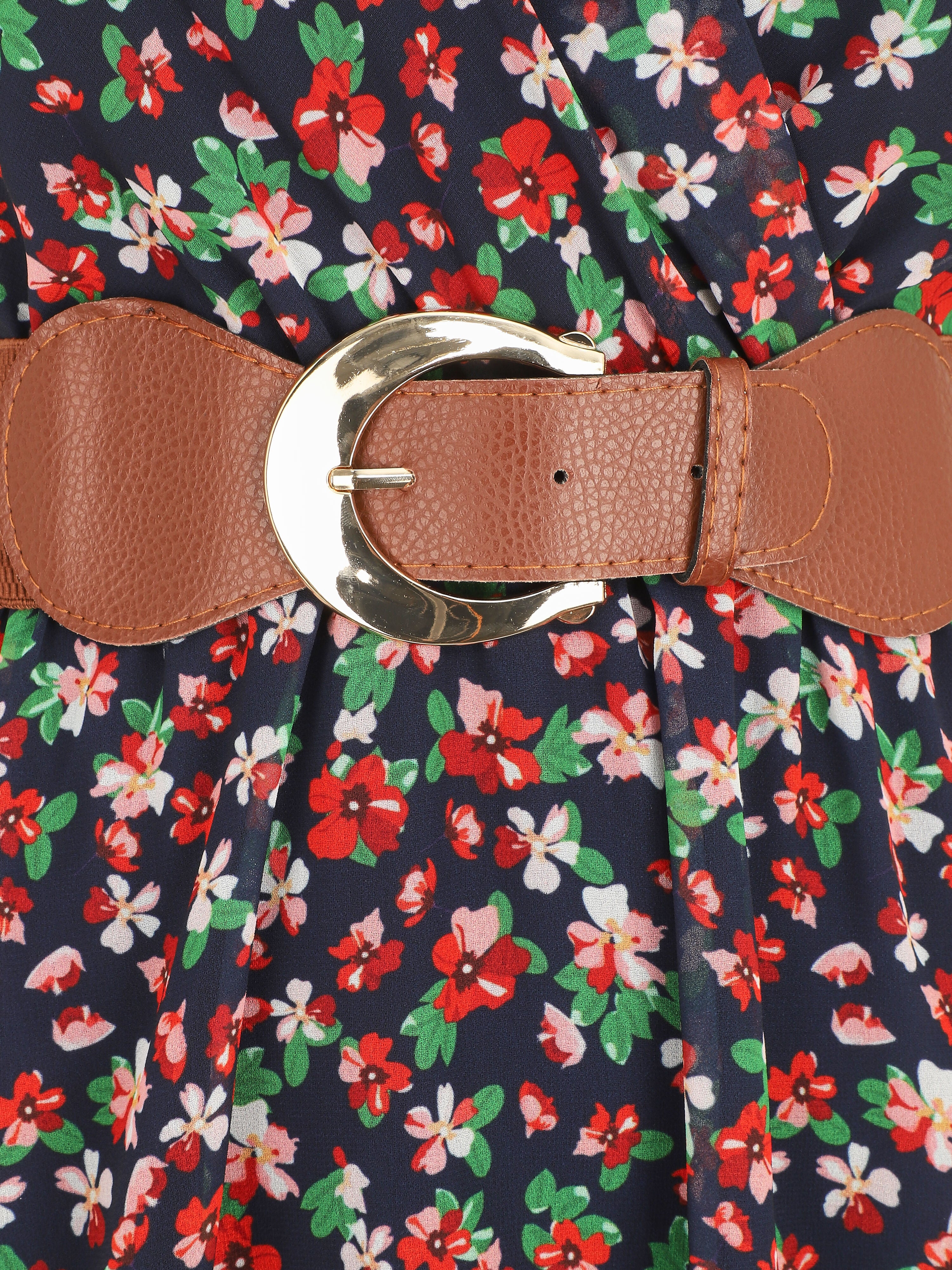 Robe imprimé fleuri à taille élastiquée - Marine - 3