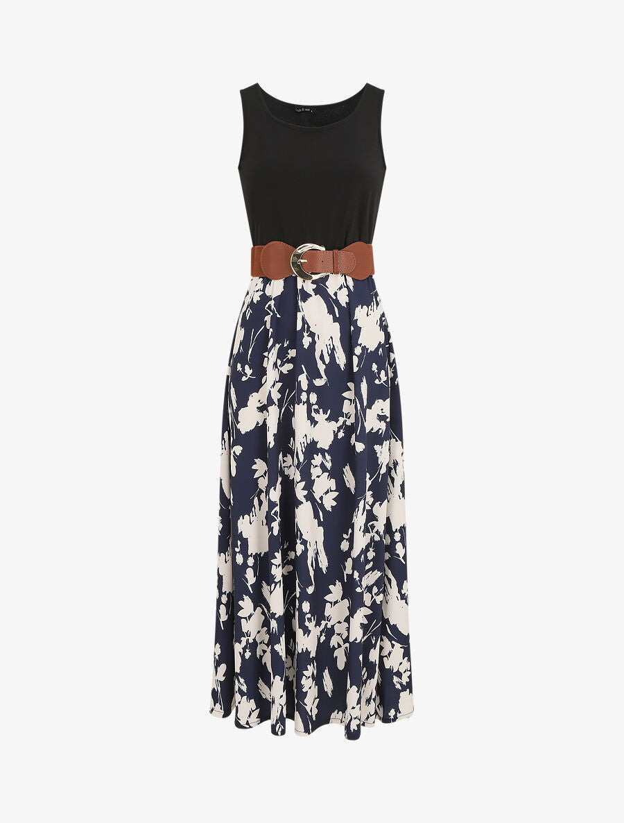 Robe longue sans manches imprimé fleurs - Marine - 1