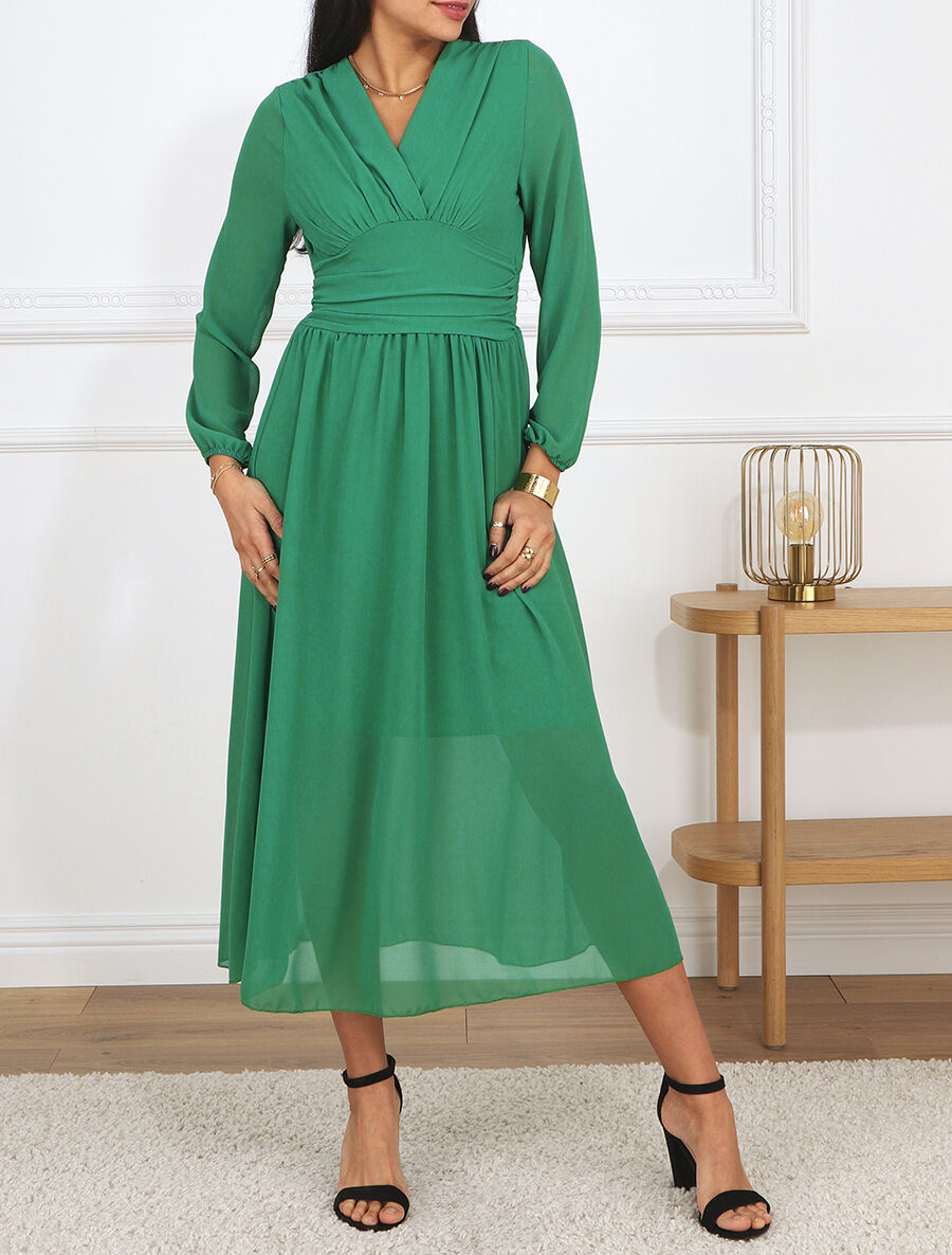 Robe longue élastiquée à col cache-coeur - Vert - 4