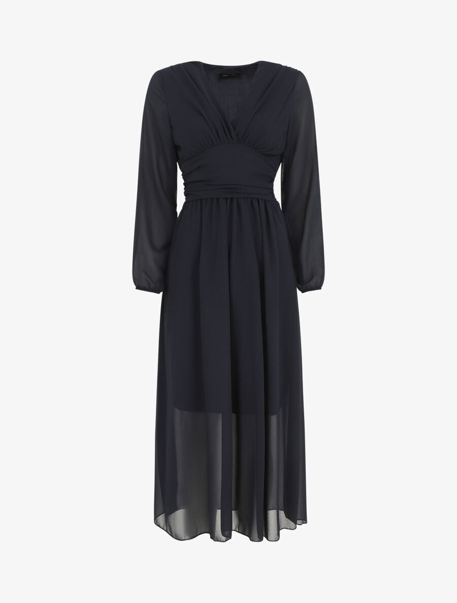 Robe longue élastiquée à col cache-coeur - Marine - 1