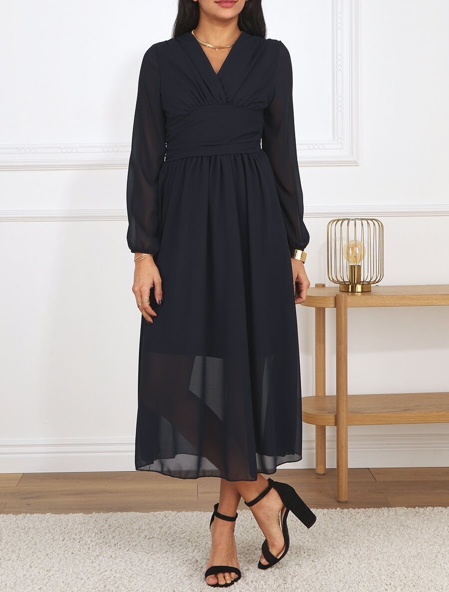 Robe longue élastiquée à col cache-coeur - Marine - 4