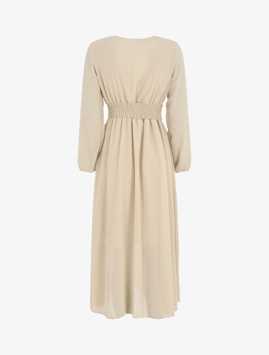 Robe longue élastiquée à col cache-coeur - Beige - 2