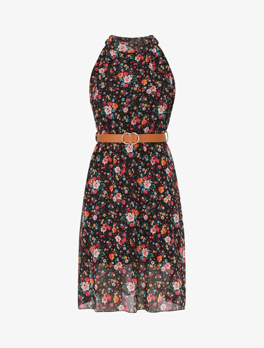 Robe sans manches évasée imprimé petites fleurs - Noir - 1