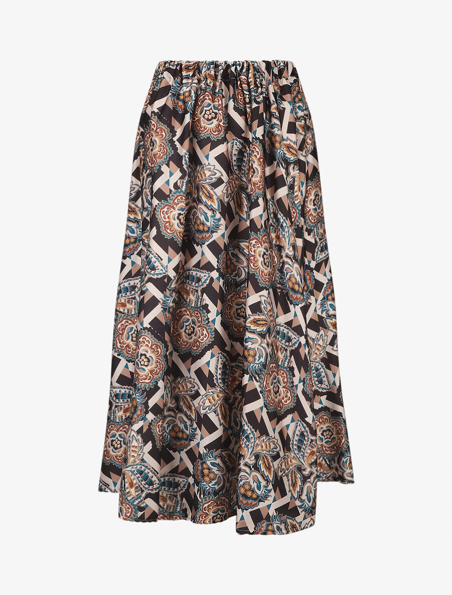 Jupe longue élastiquée à imprimé foulard - Noir - 1