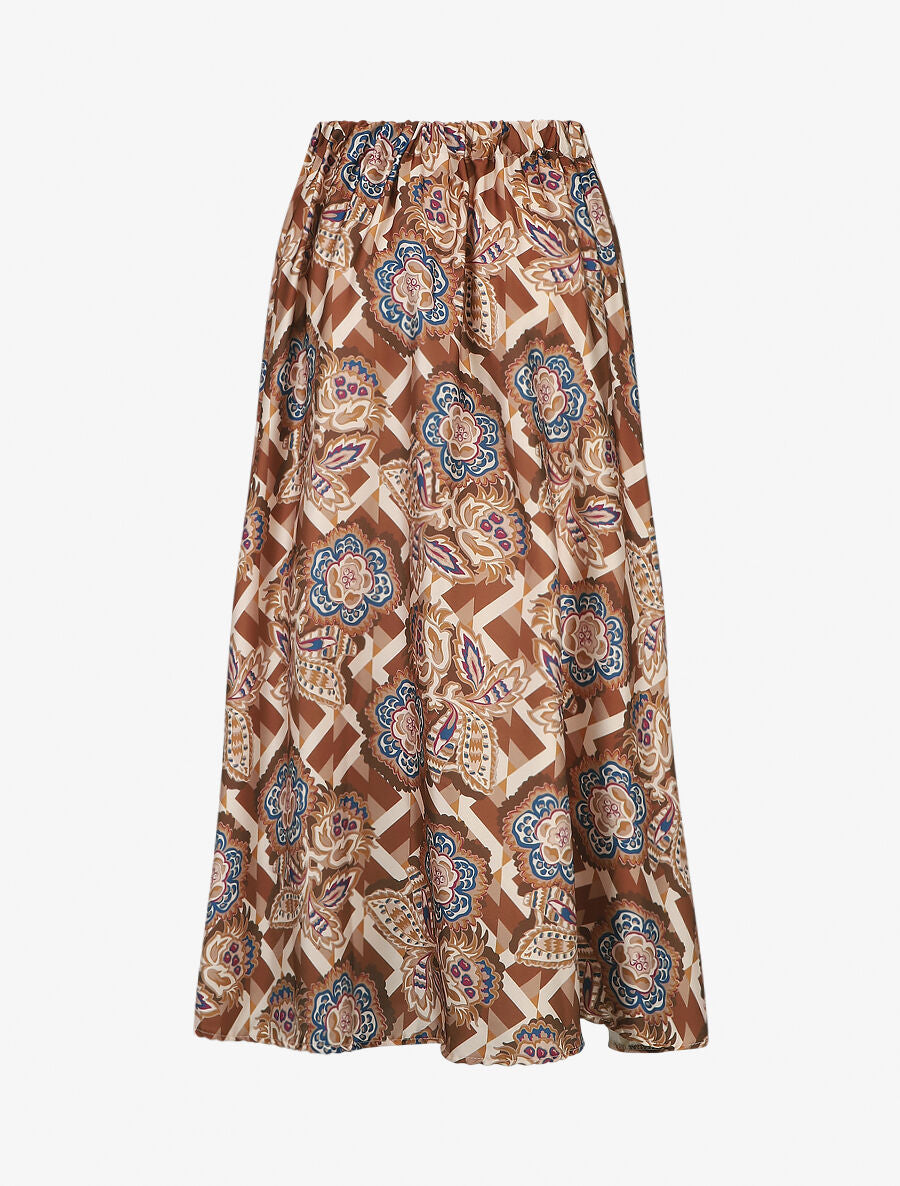 Jupe longue élastiquée à imprimé foulard - Marron - 2