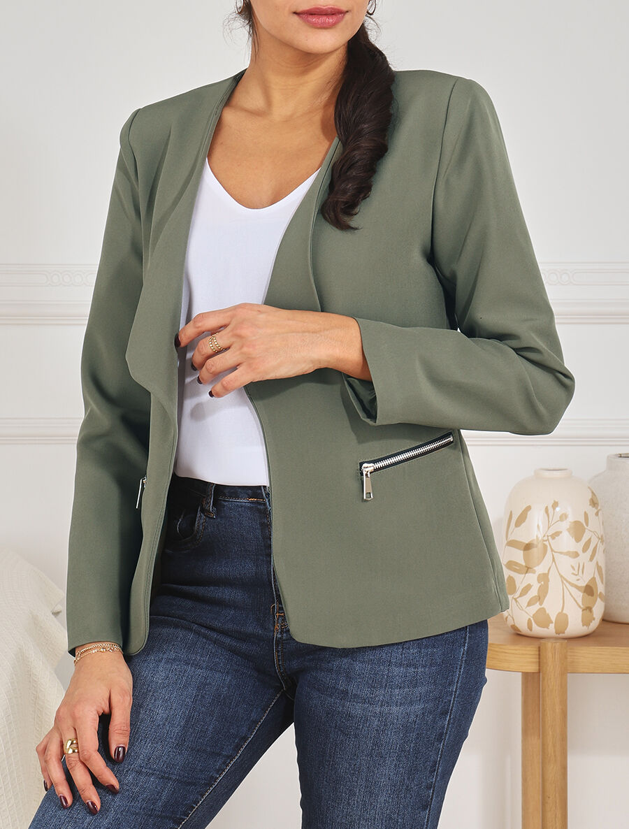 Blazer uni à poches zippées - Kaki - 4
