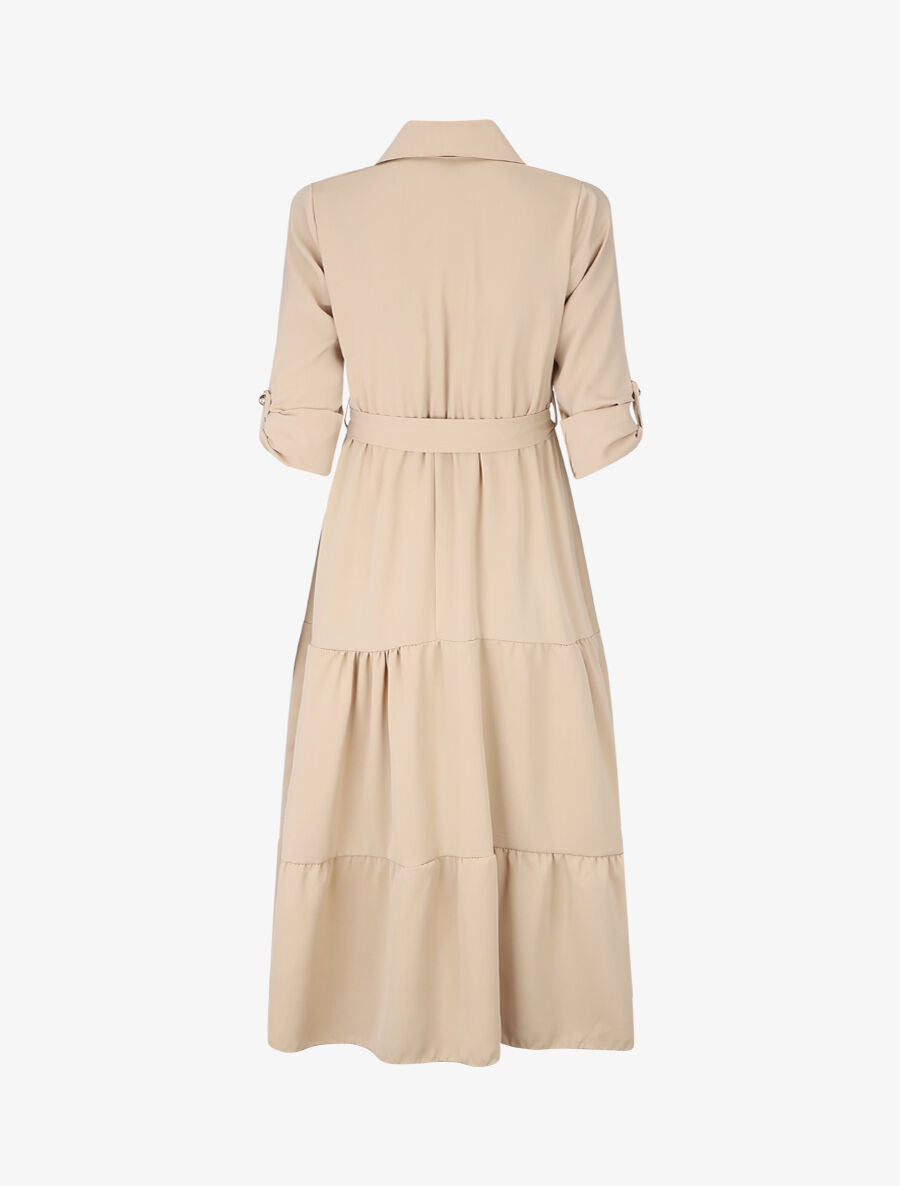 Robe longue à manches longues retroussables - Beige - 2