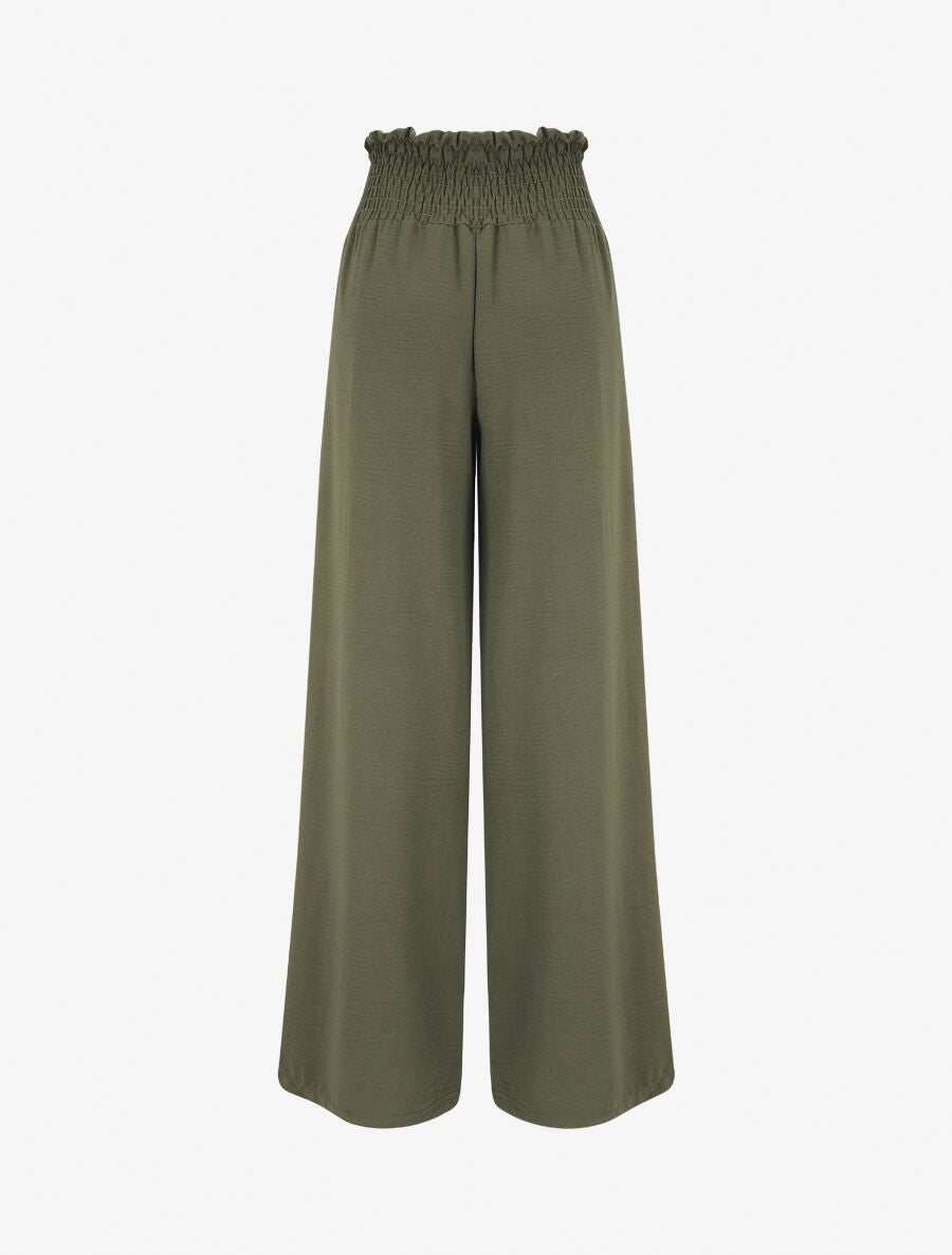 Pantalon uni à taille élastiquée - Kaki - 2