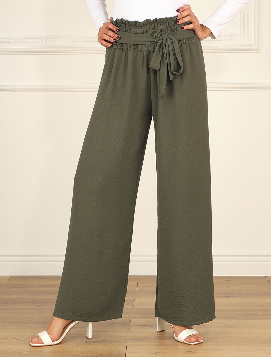 Pantalon uni à taille élastiquée - Kaki - 4