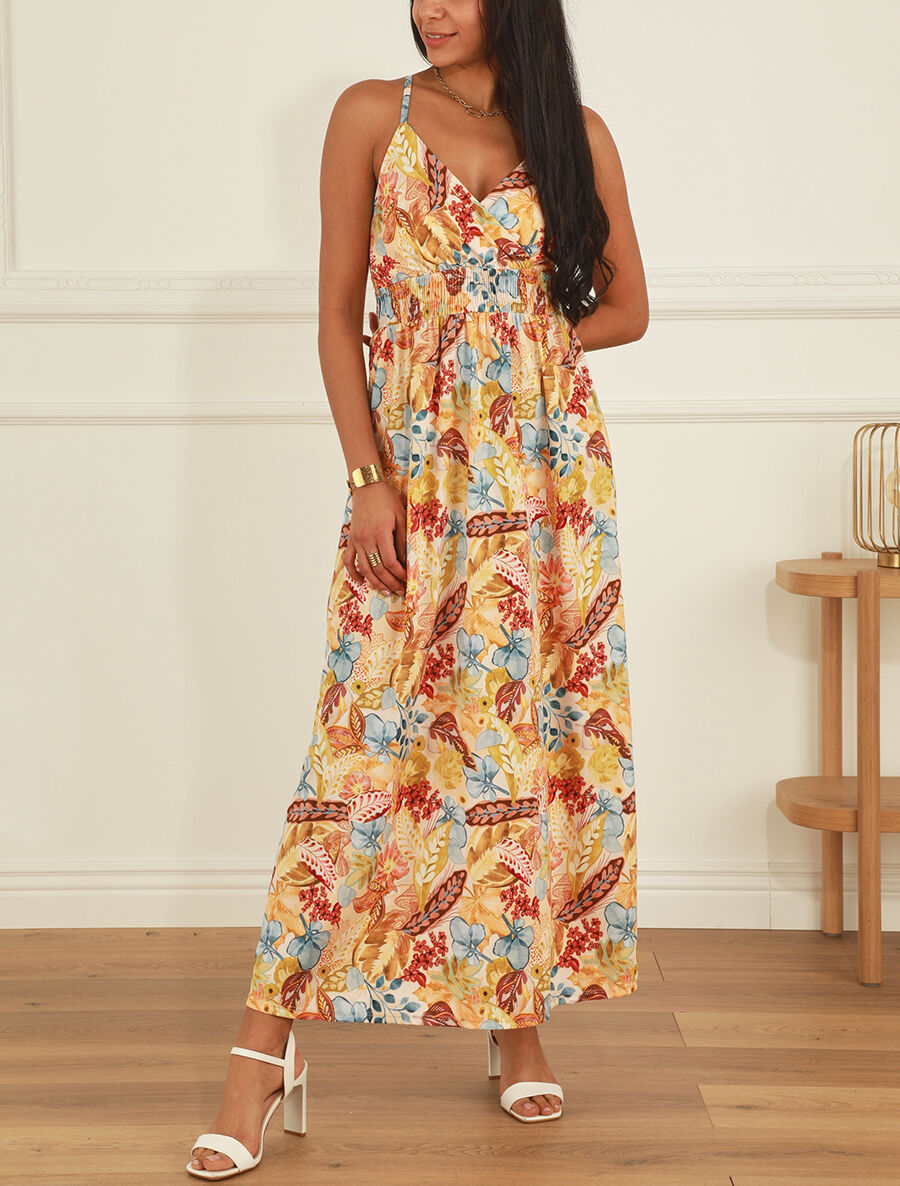 Robe longue imprimé fleuri à taille élastiquée - Jaune - 4