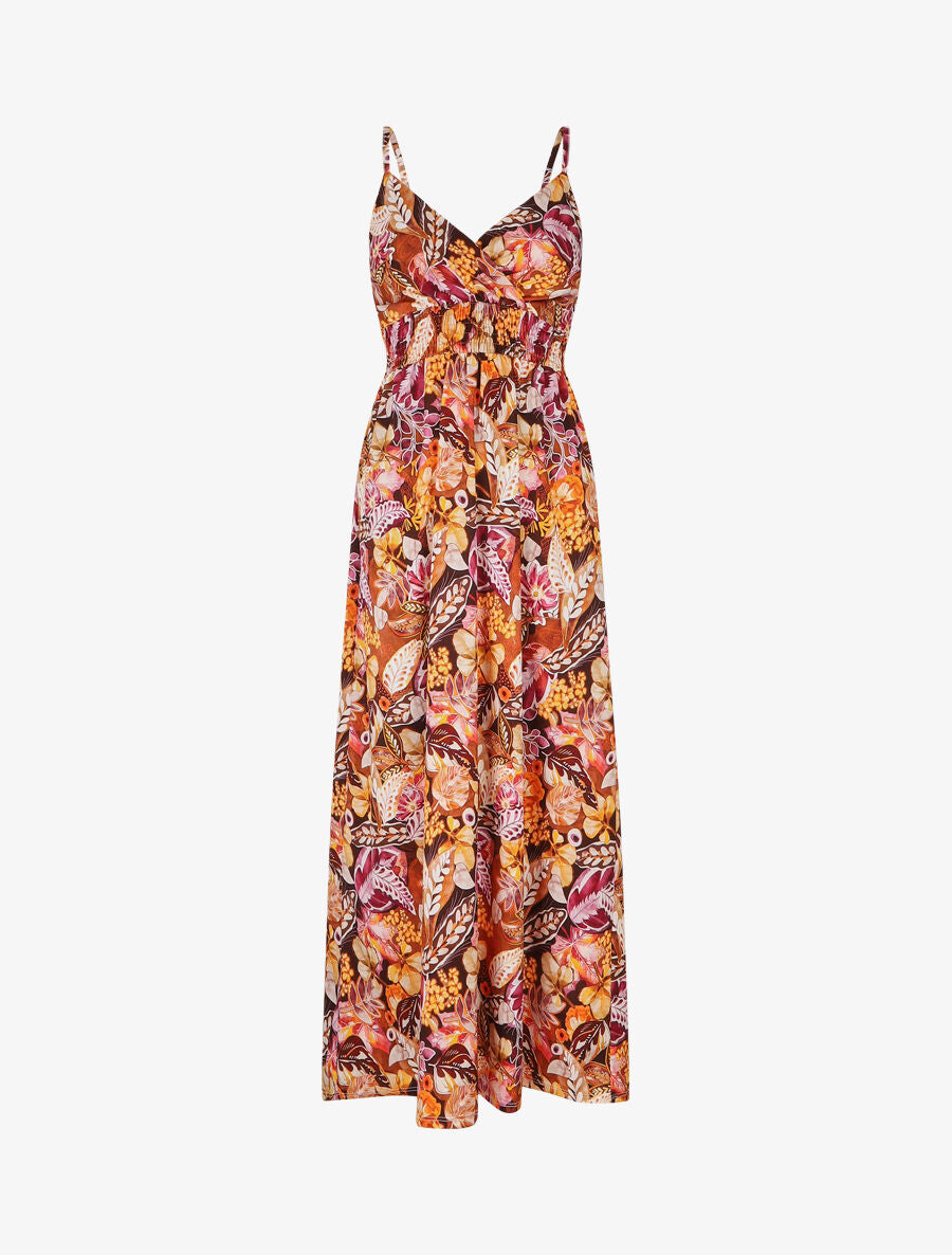 Robe longue imprimé fleuri à taille élastiquée - Orange - 1