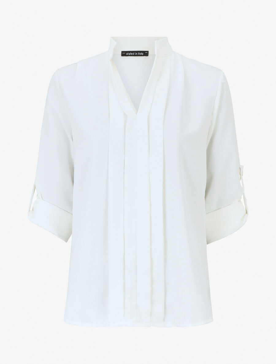 Blouse unie à manches retroussables - Blanc - 1