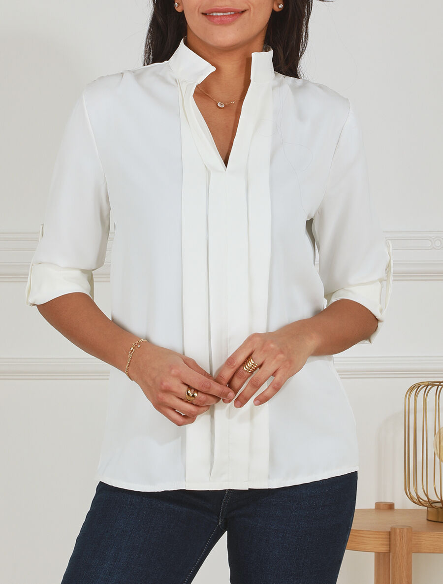 Blouse unie à manches retroussables - Blanc - 4