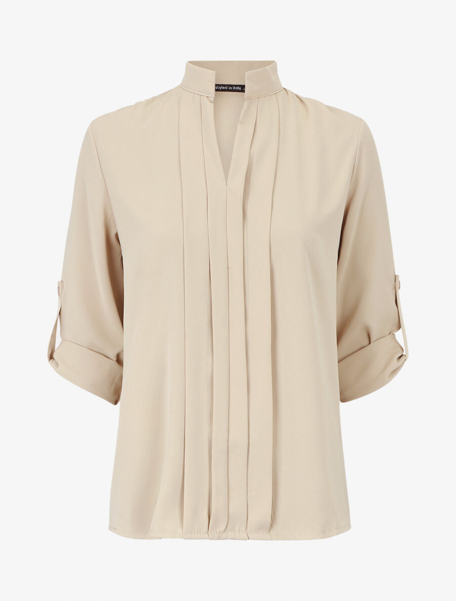 Blouse unie à manches retroussables - Beige - 5