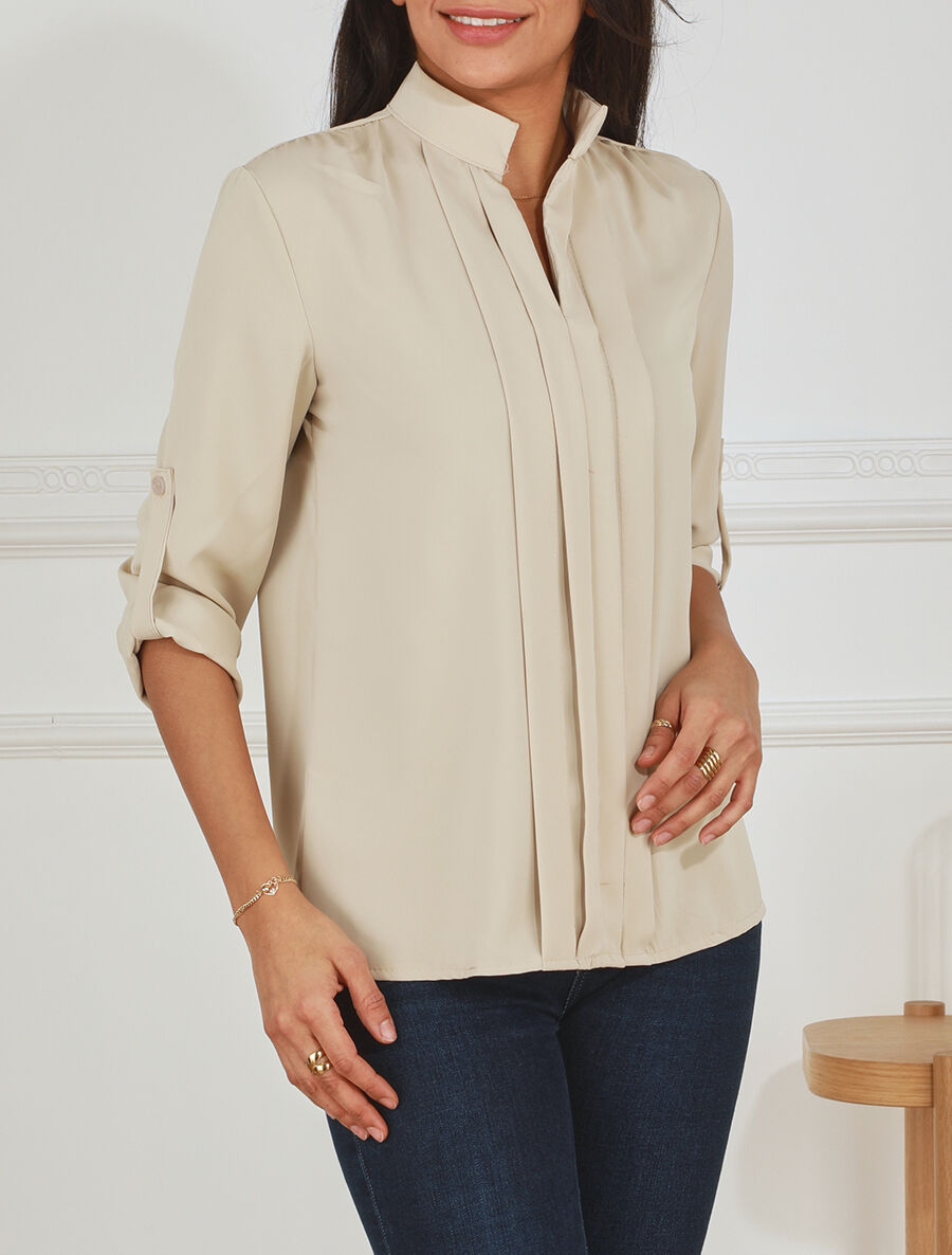 Blouse unie à manches retroussables - Beige - 4
