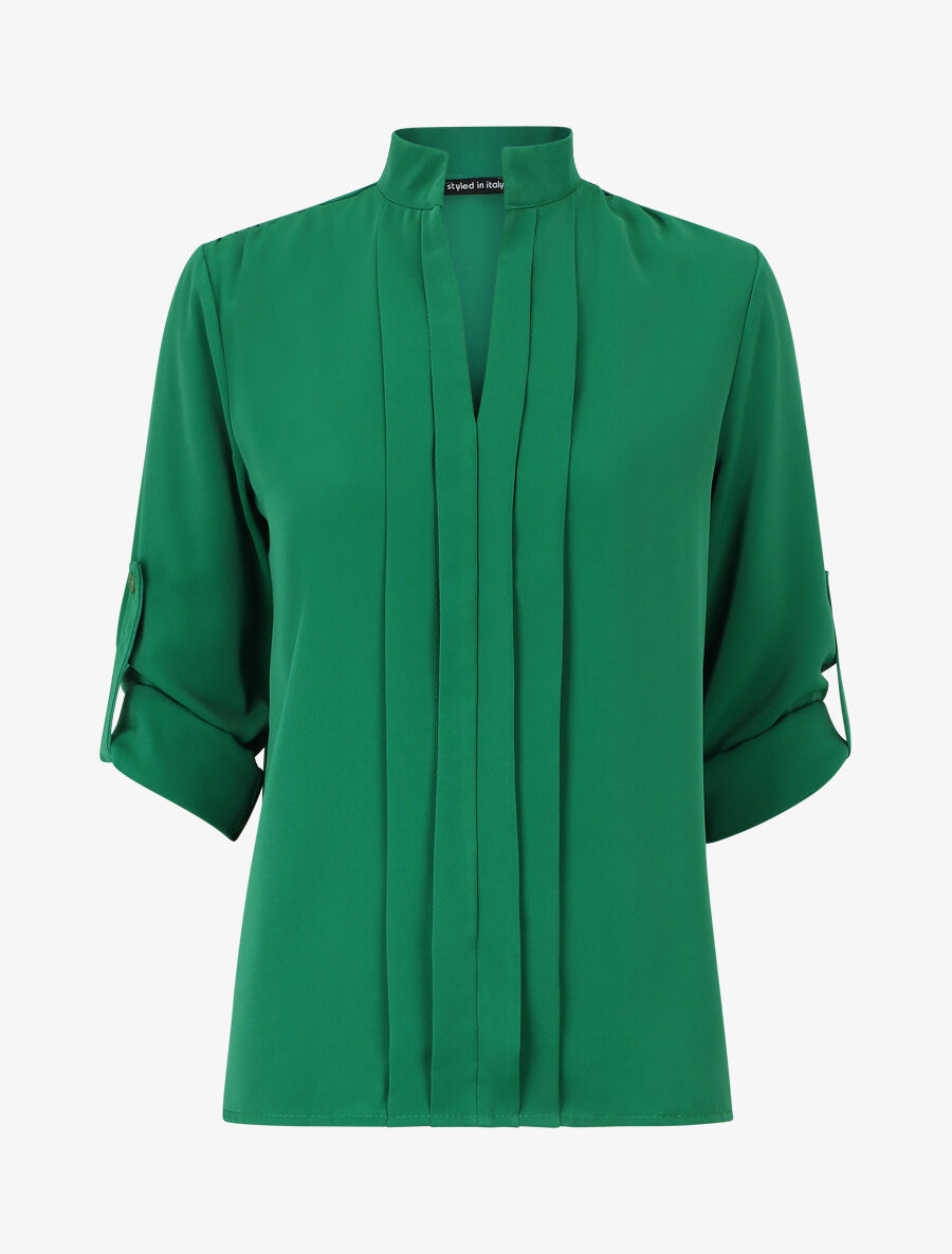 Blouse unie à manches retroussables - Vert - 1