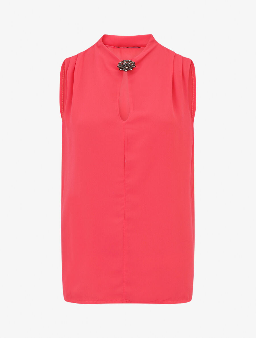 Blouse unie en voile à détail bijoux - Fushia - 1