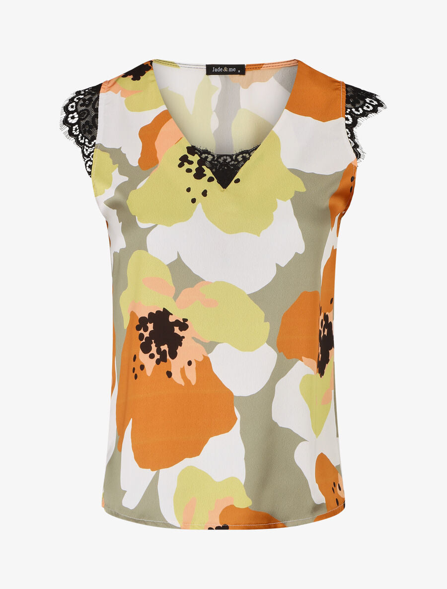 Top en dentelle imprimé grandes fleurs abstraites - Camel - 1