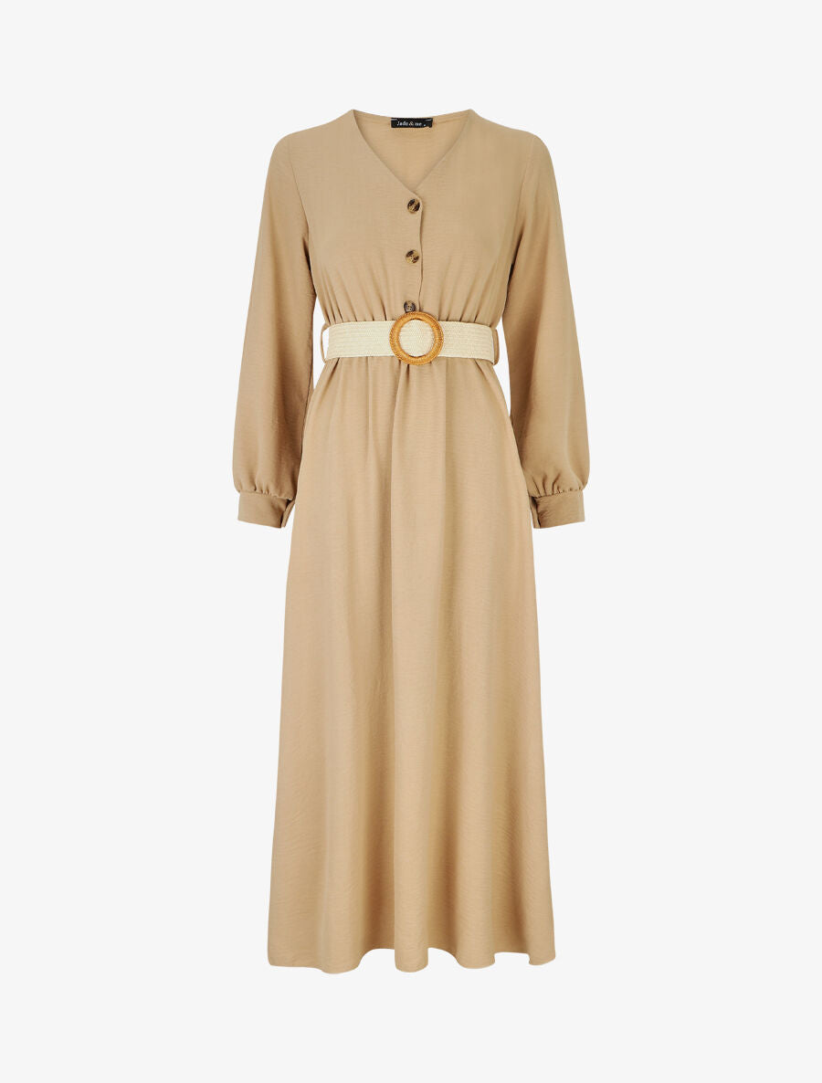 Robe longue évasée unie à manches longues - Camel - 1