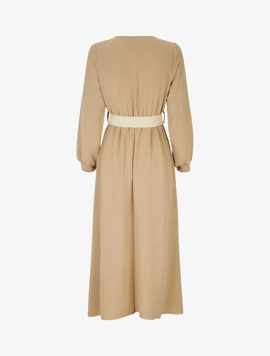 Robe longue évasée unie à manches longues - Camel - 2
