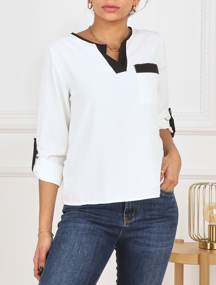 Blouse unie fluide à manches retroussables - Blanc - 4