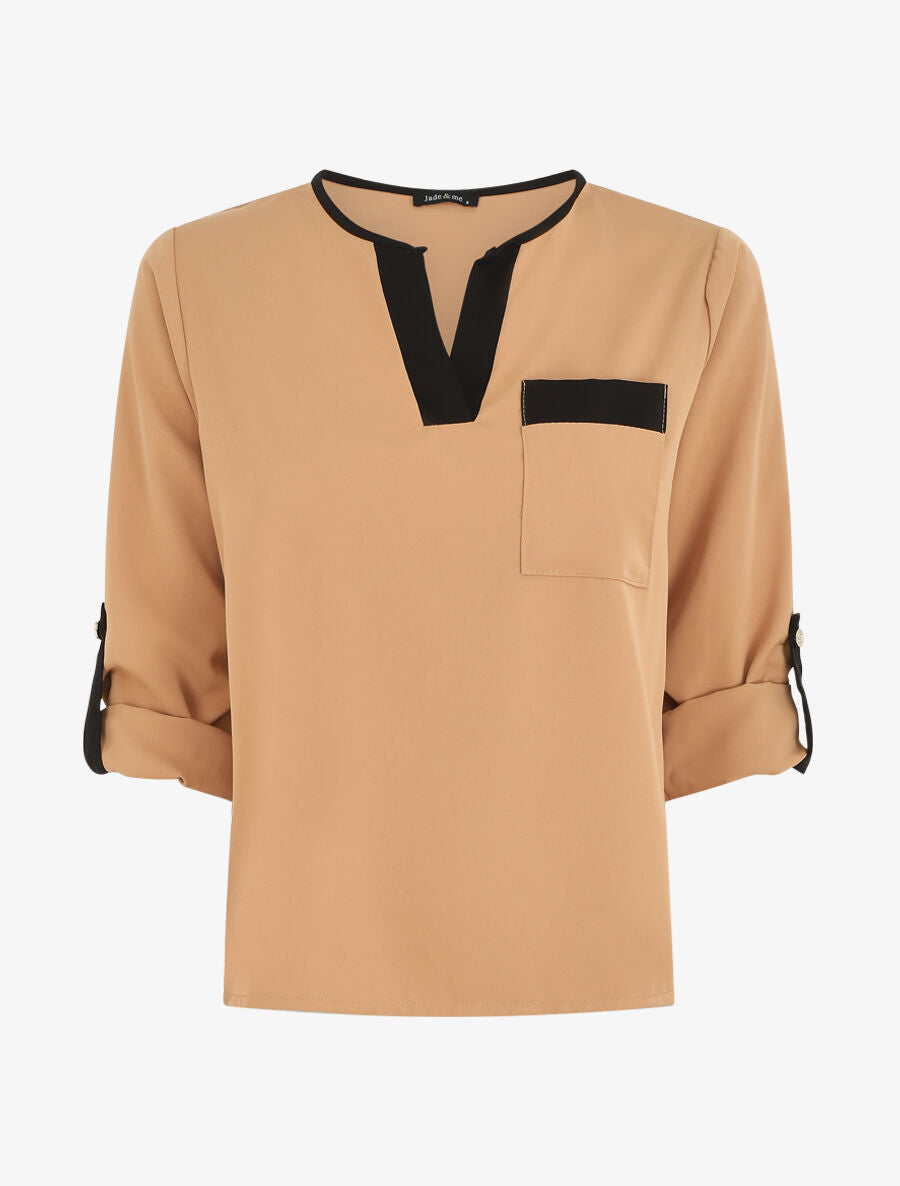 Blouse unie fluide à manches retroussables - Camel - 1
