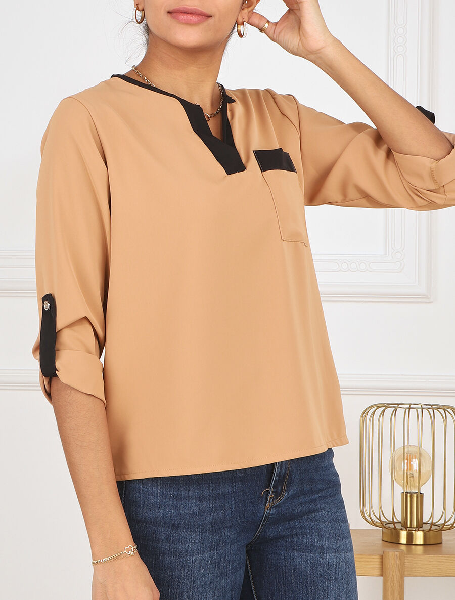 Blouse unie fluide à manches retroussables - Camel - 4