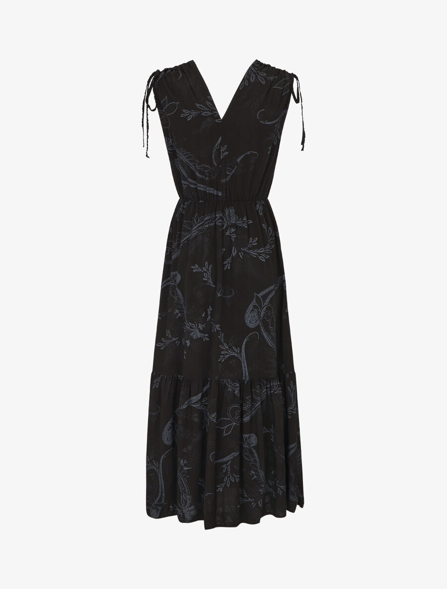 Robe longue élastiquée à imprimé foulard - Noir - 2