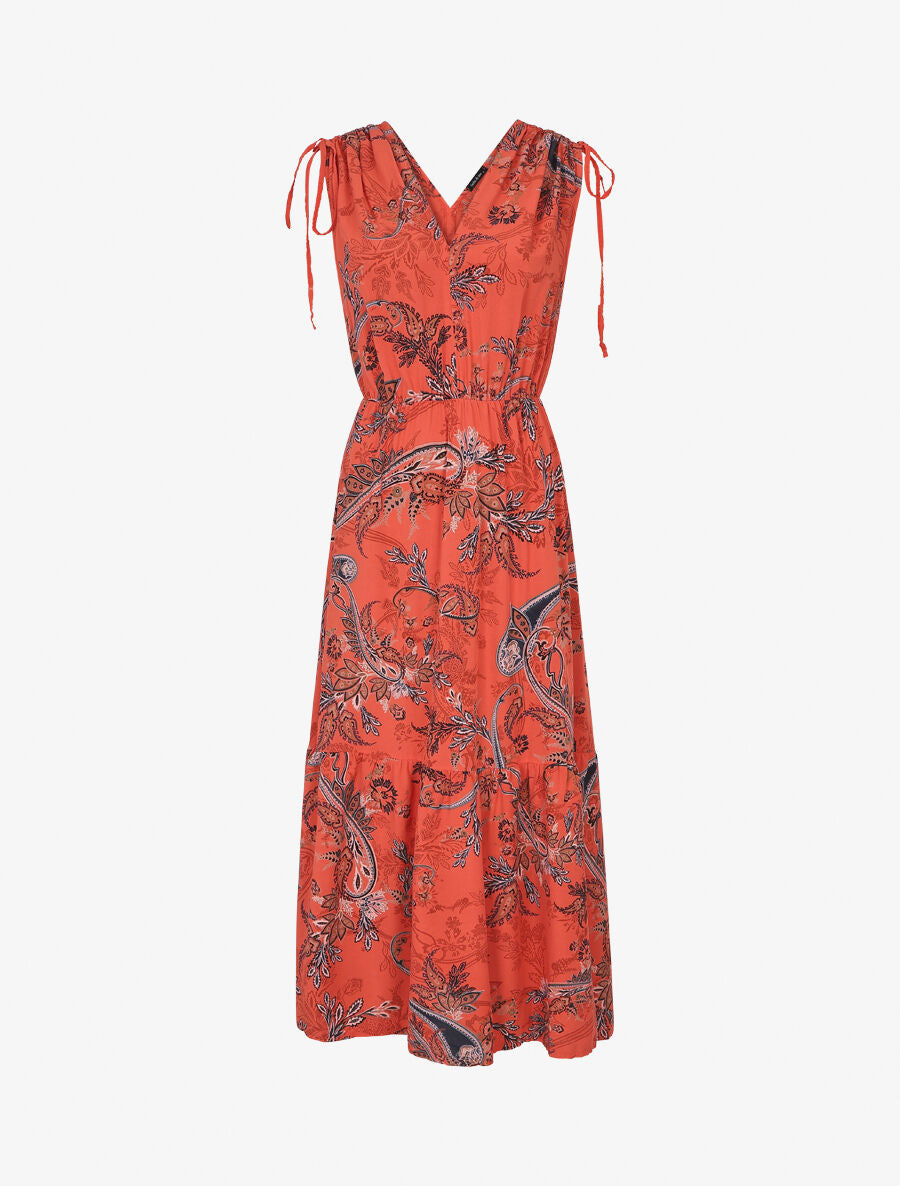 Robe longue élastiquée à imprimé foulard - Orange - 5