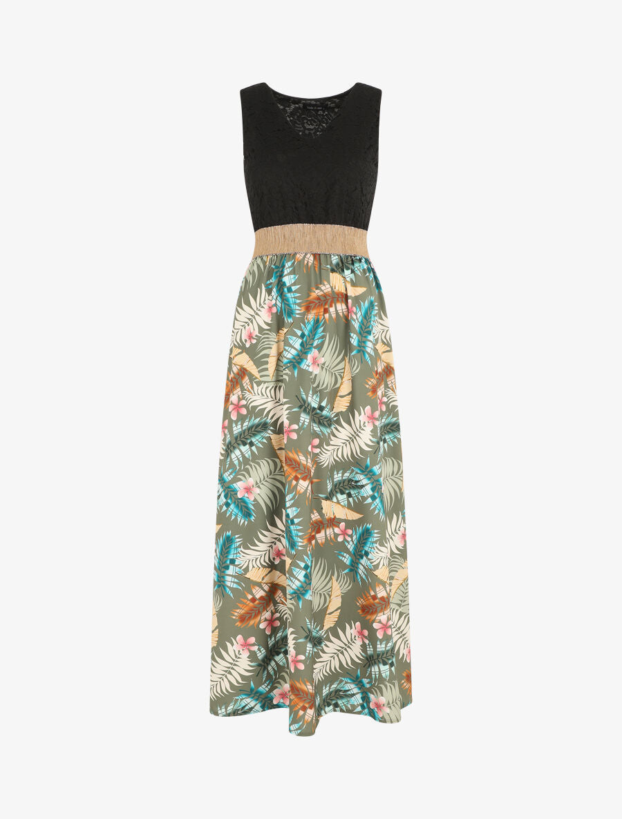 Robe longue à bustier en dentelle - Kaki - 1