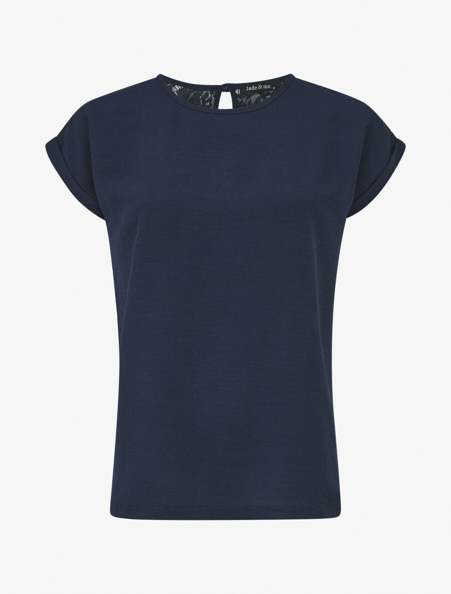 Top manches courtes uni dos en dentelle - Marine - 5