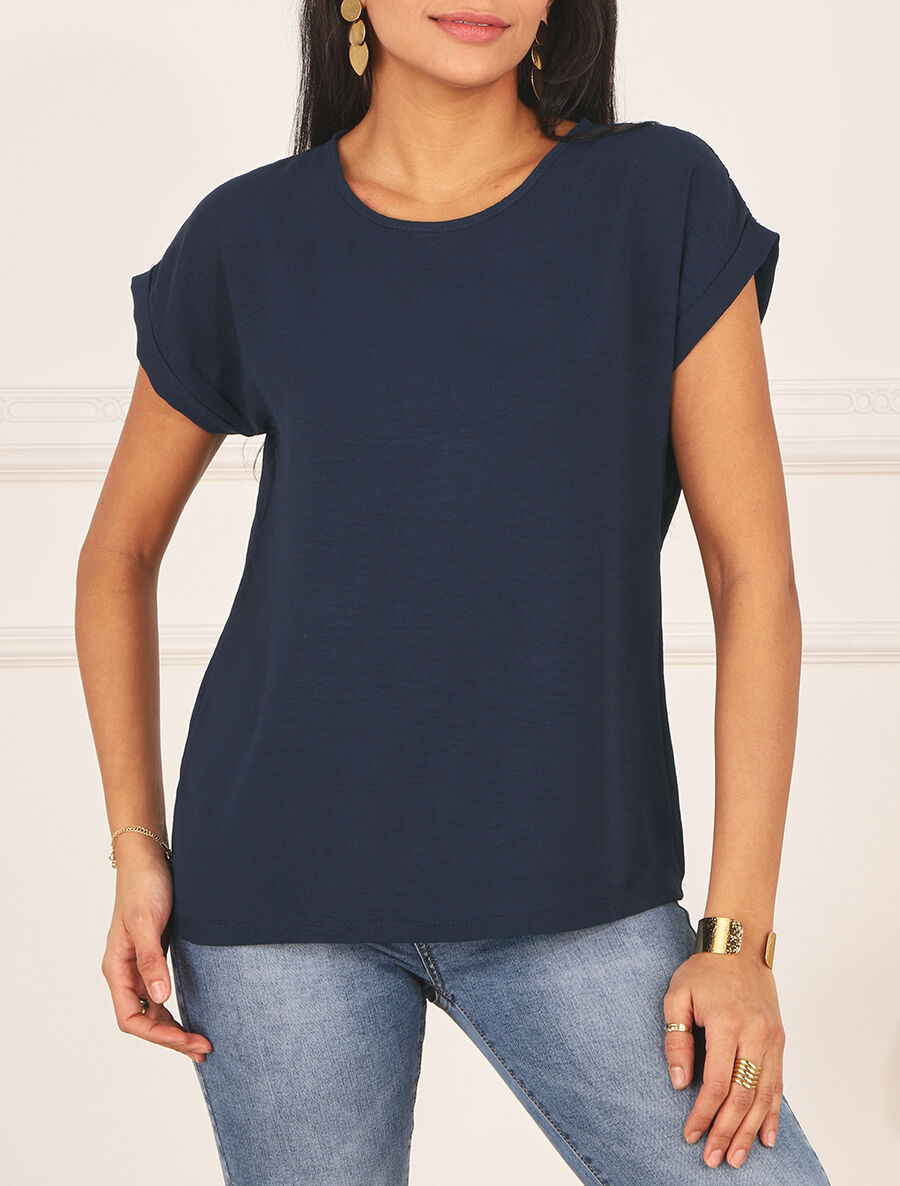 Top manches courtes uni dos en dentelle - Marine - 4