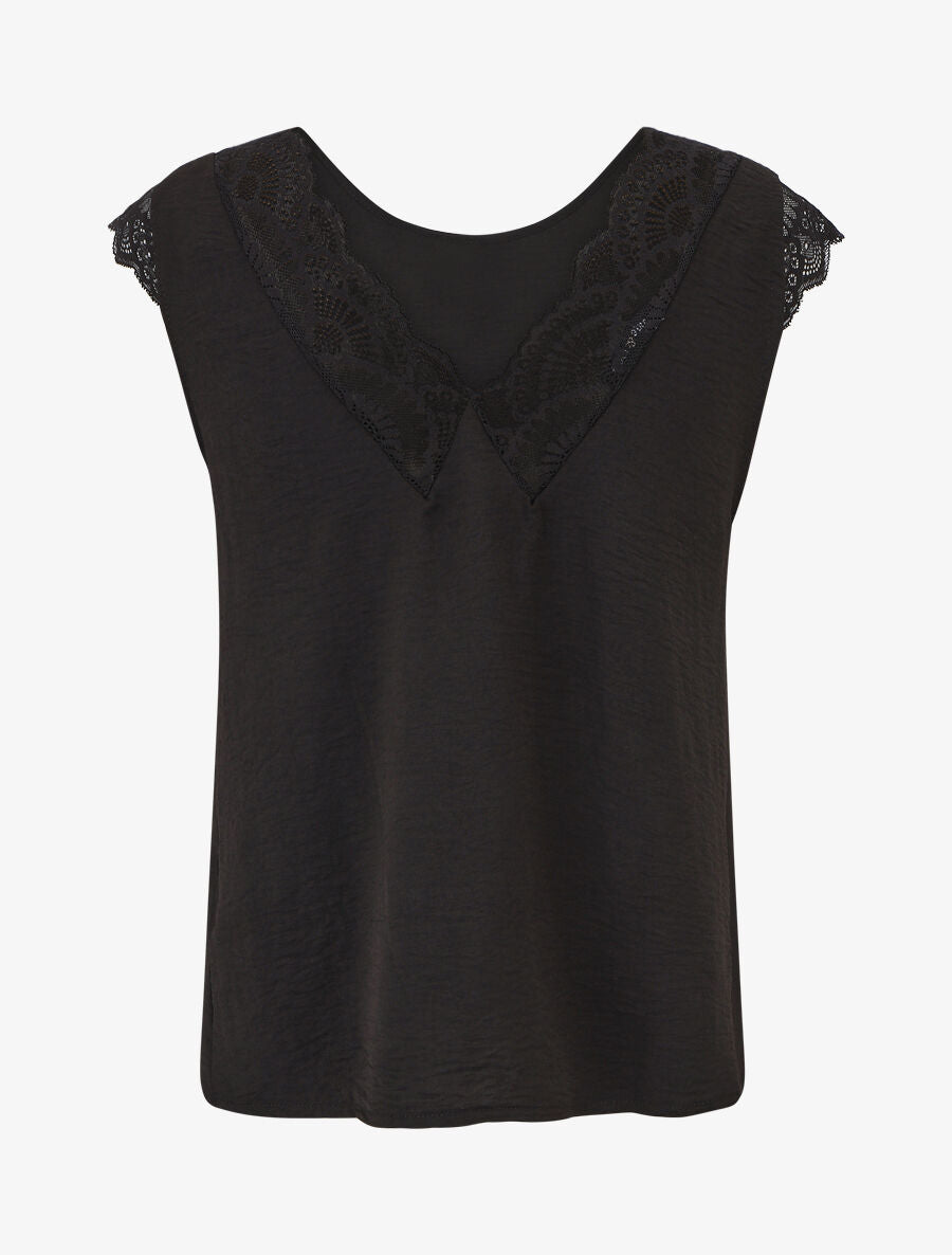 Top avec mancherons uni dos en dentelle - Noir - 2