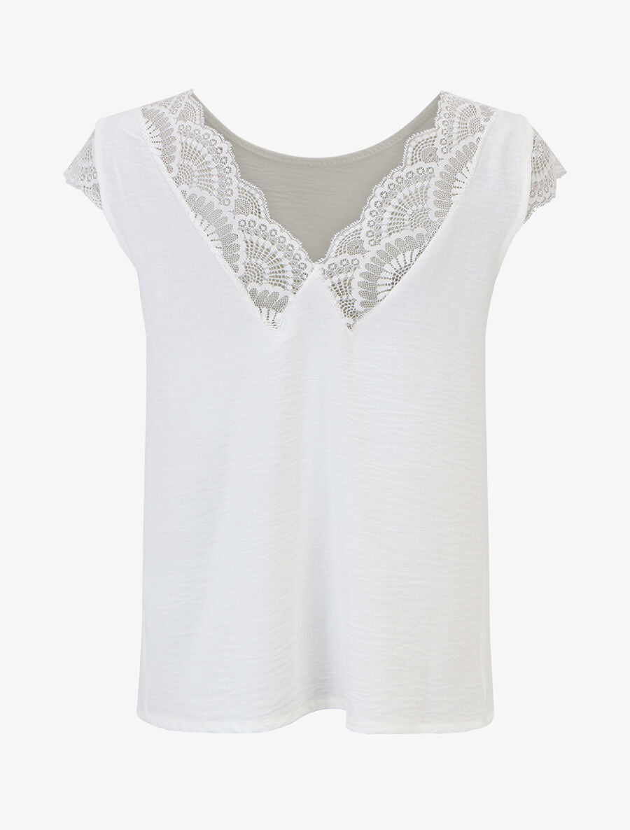 Top avec mancherons uni dos en dentelle - Blanc - 2