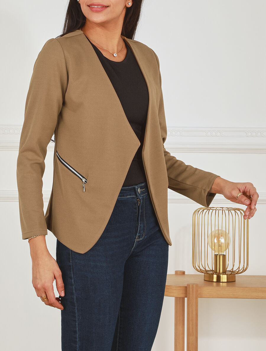 Veste fluide unie col cascade - Camel - 4