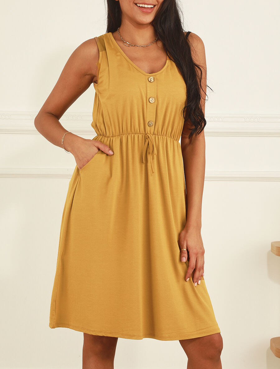 Robe mi-longue fluide - Jaune moutarde - 4