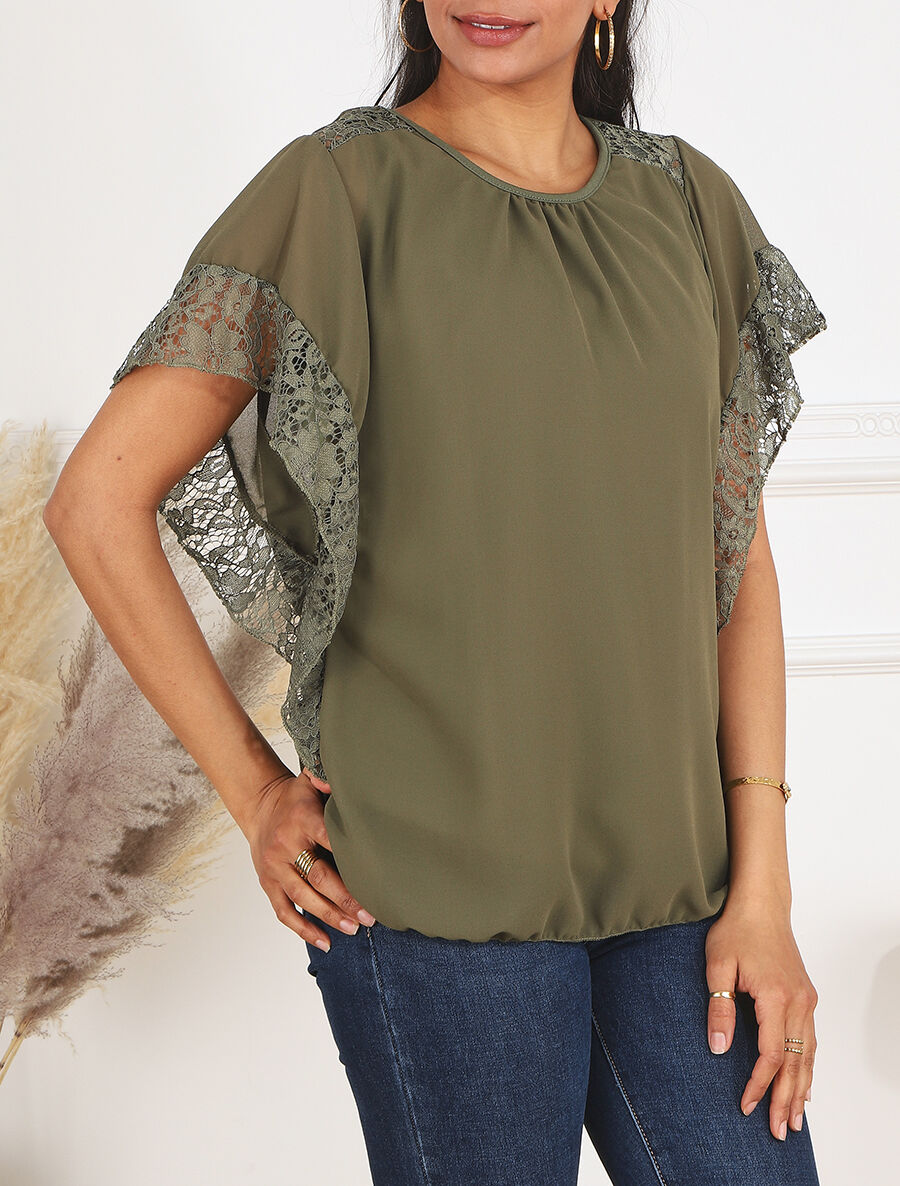 Top droit manches chauve-souris en dentelle - Kaki - 4